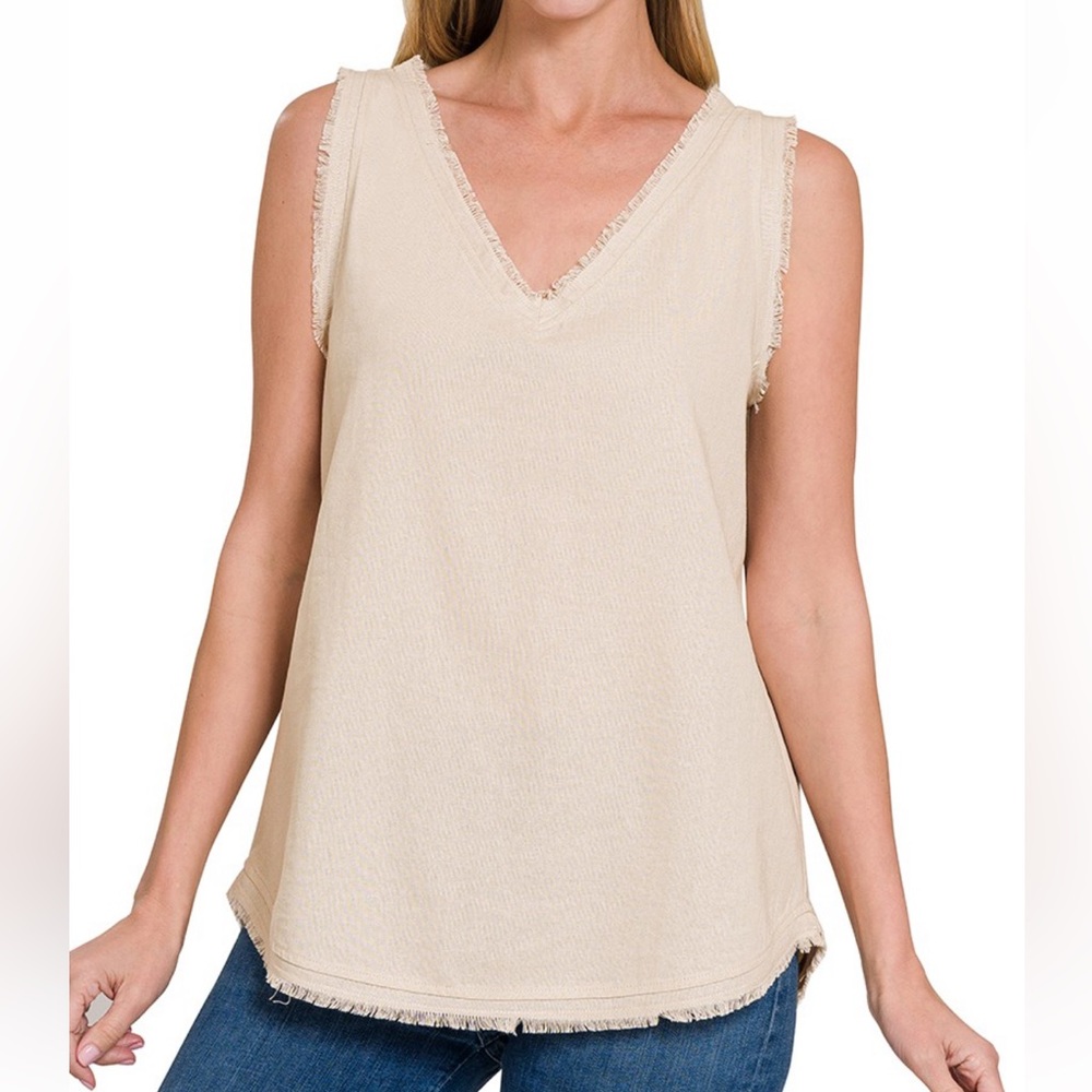 Linen Frayed Edge V-Neck Sleeveless Top Sand Beige
